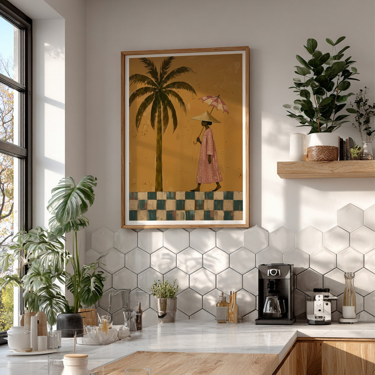 Wall decor print featuring a woman with an umbrella walking past a palm tree