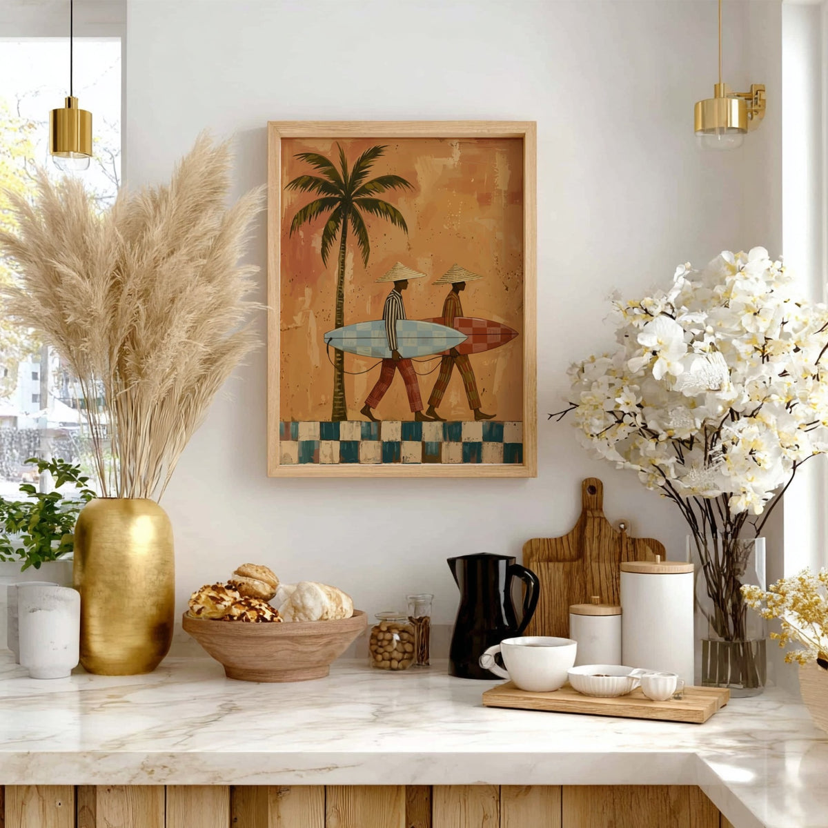 Naive painting of two surfers with conical hats walking past a tall palm tree