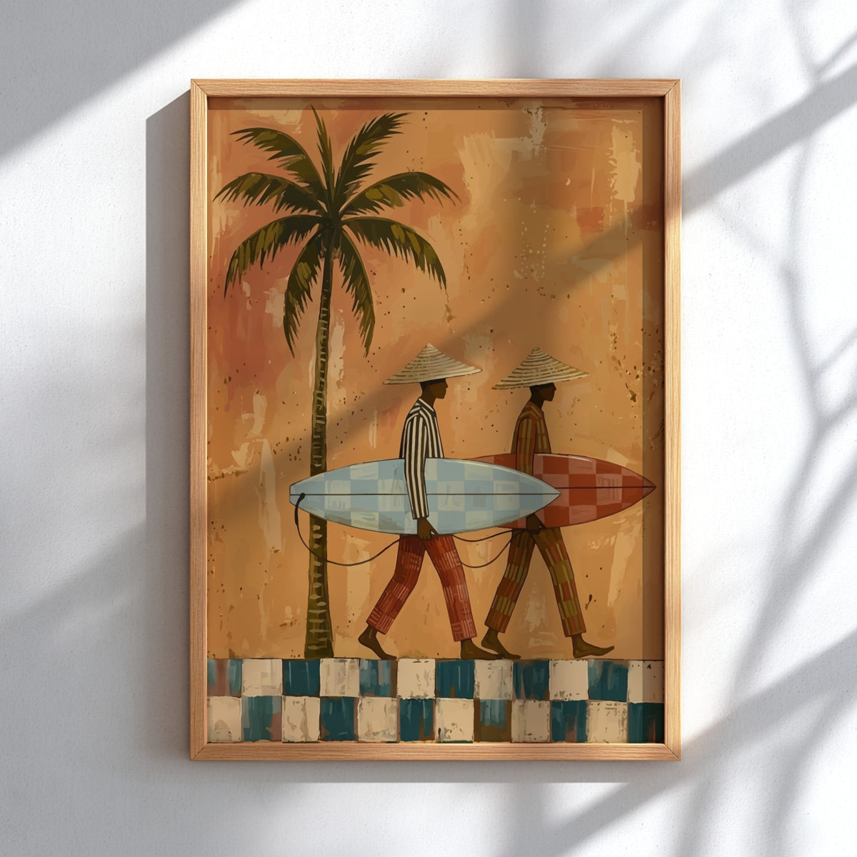Naive painting of two surfers with conical hats walking past a tall palm tree