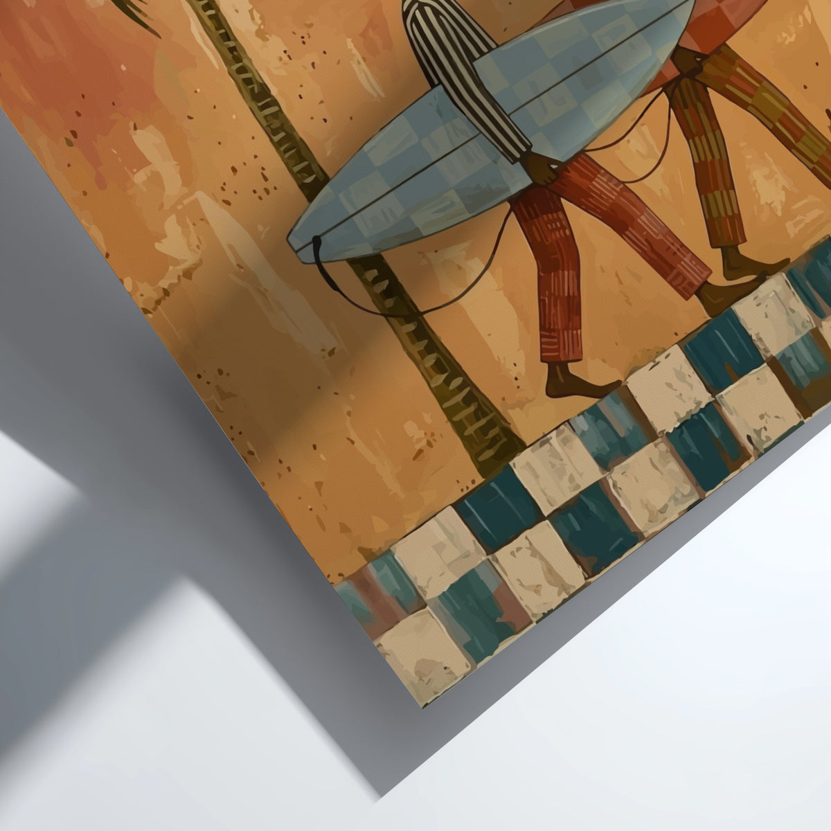 Naive painting of two surfers with conical hats walking past a tall palm tree