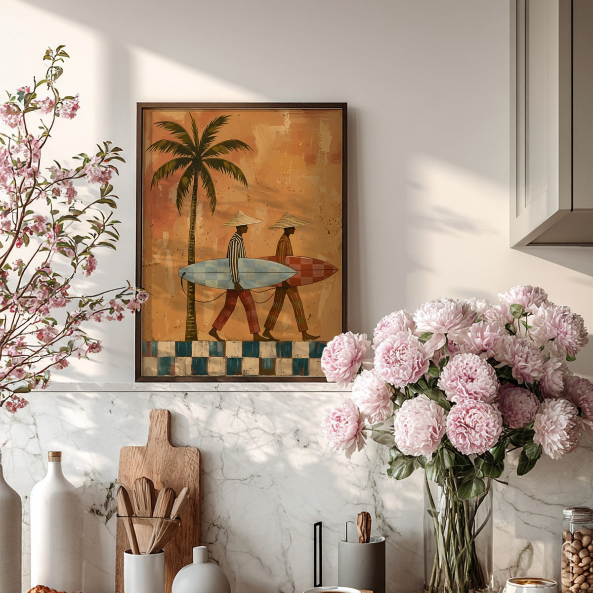Naive painting of two surfers with conical hats walking past a tall palm tree