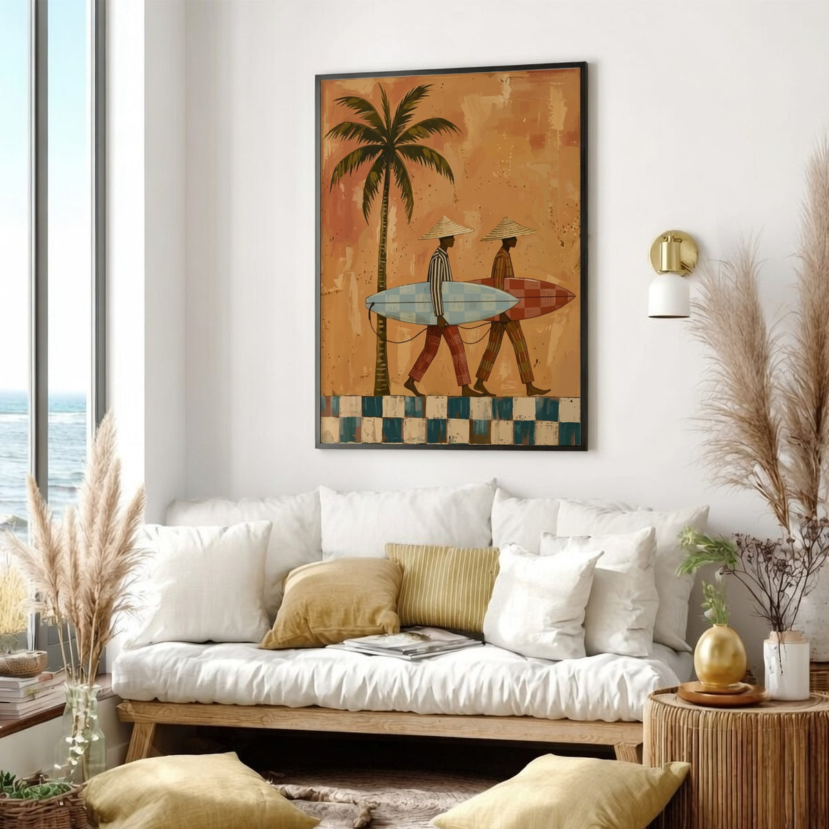 Naive painting of two surfers with conical hats walking past a tall palm tree
