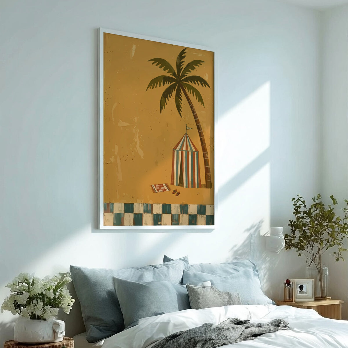 Tropical beach tent illustration with a palm tree on golden sand and tiles.