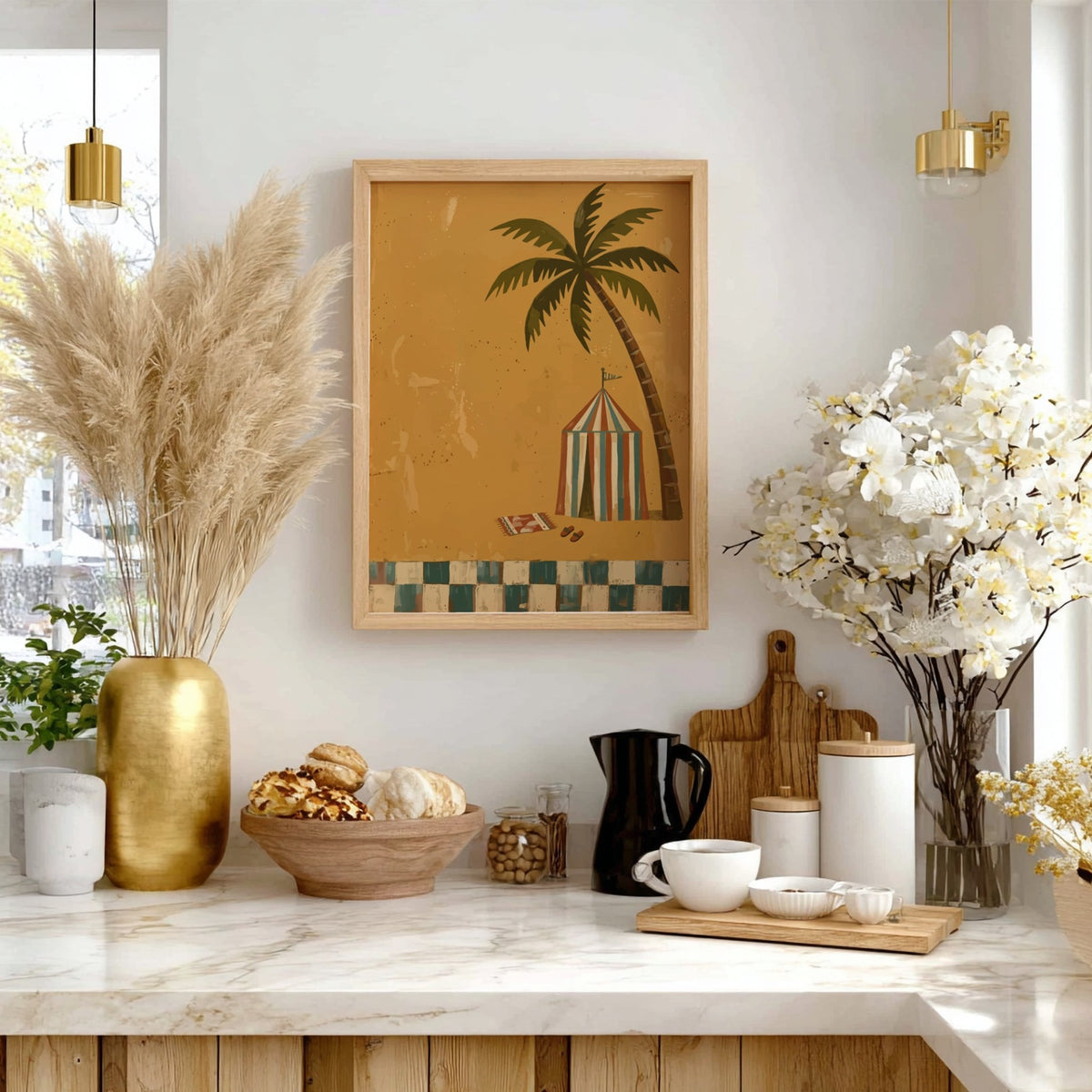 Tropical beach tent illustration with a palm tree on golden sand and tiles.