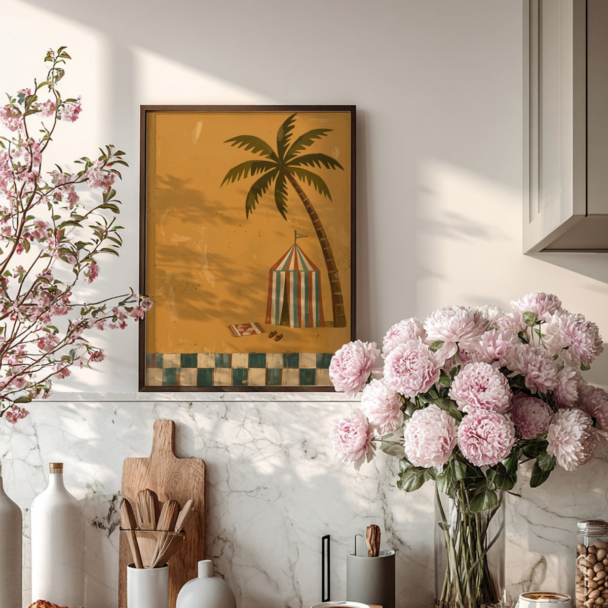 Tropical beach tent illustration with a palm tree on golden sand and tiles.