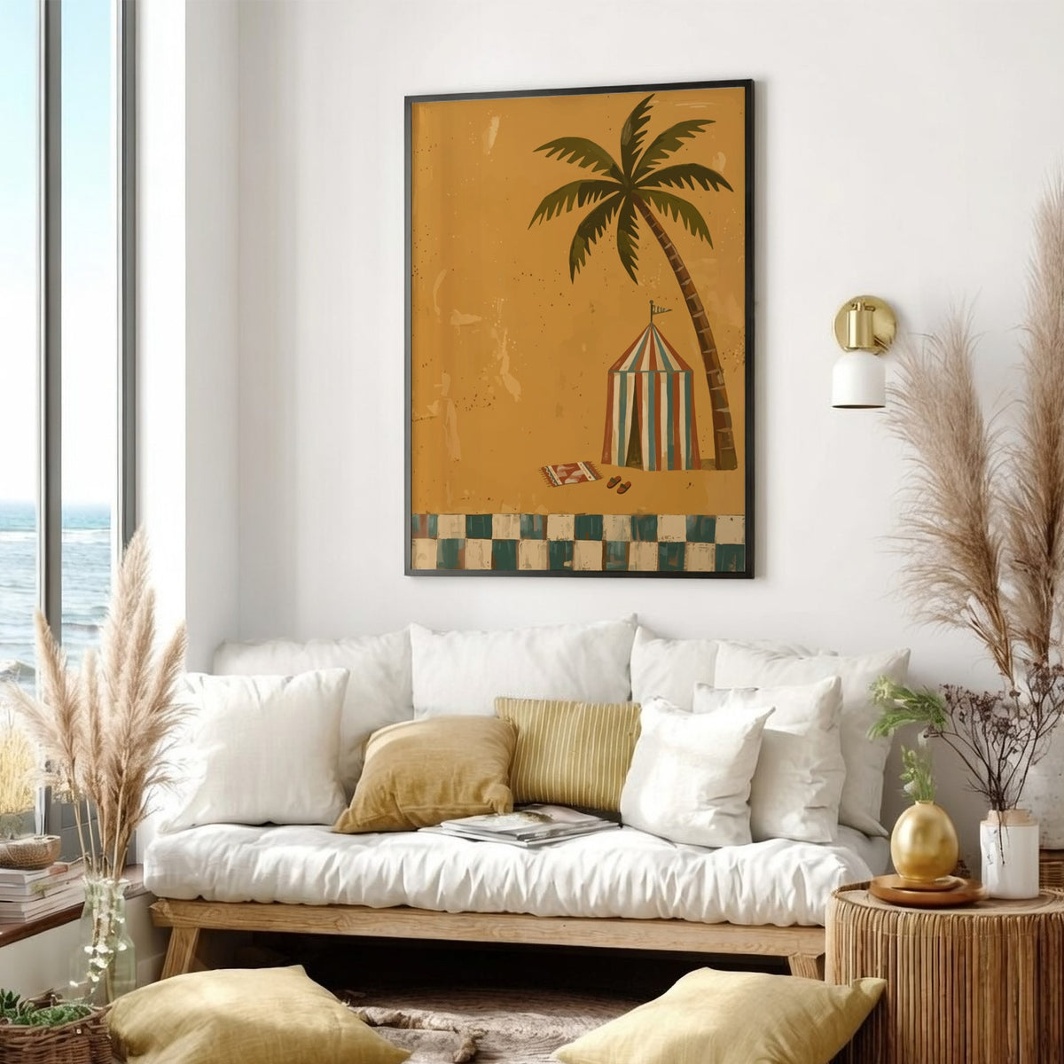 Tropical beach tent illustration with a palm tree on golden sand and tiles.