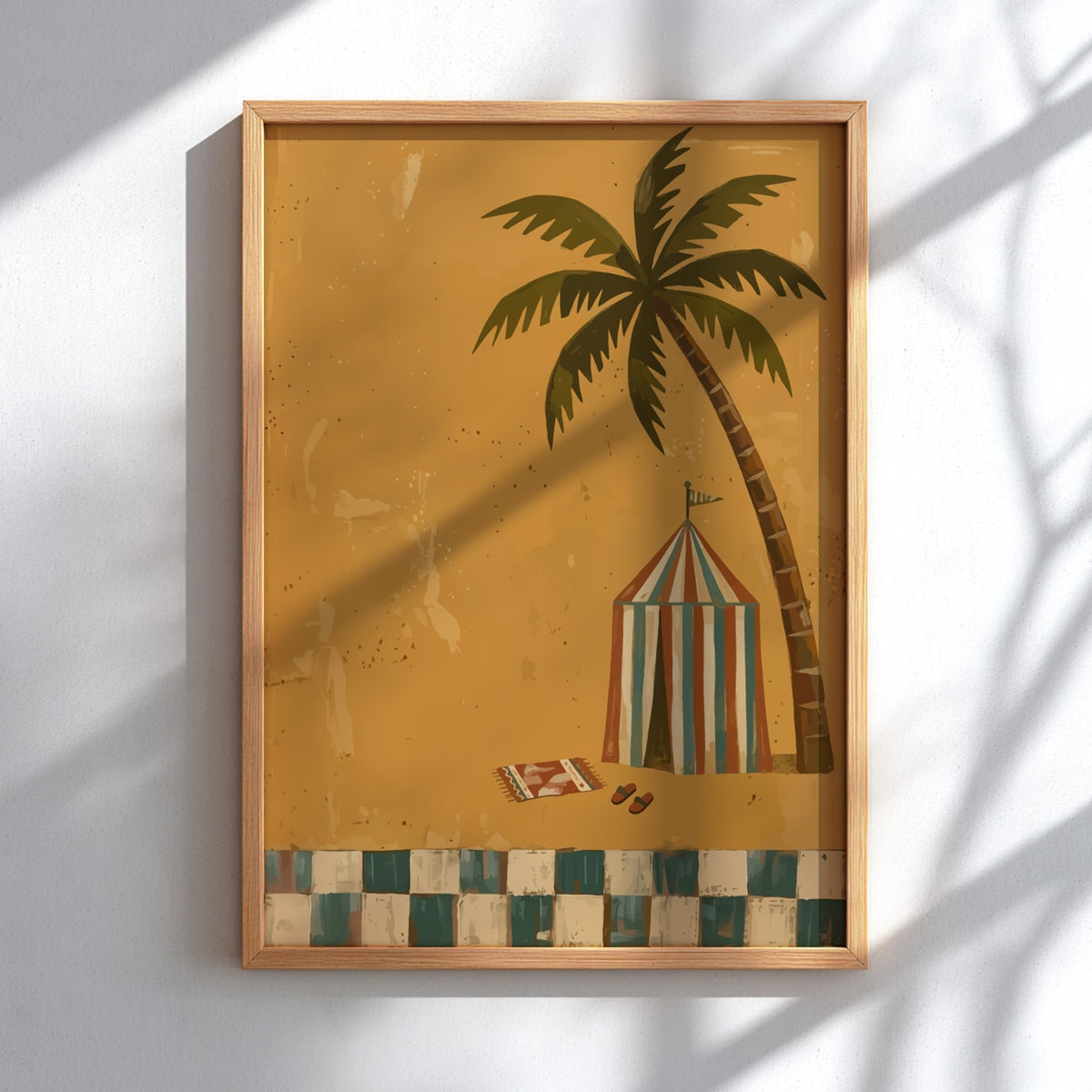 Tropical beach tent illustration with a palm tree on golden sand and tiles.