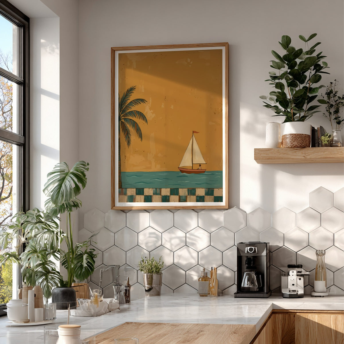 Naive style wall art featuring a sailboat on turquoise water beside a palm tree.