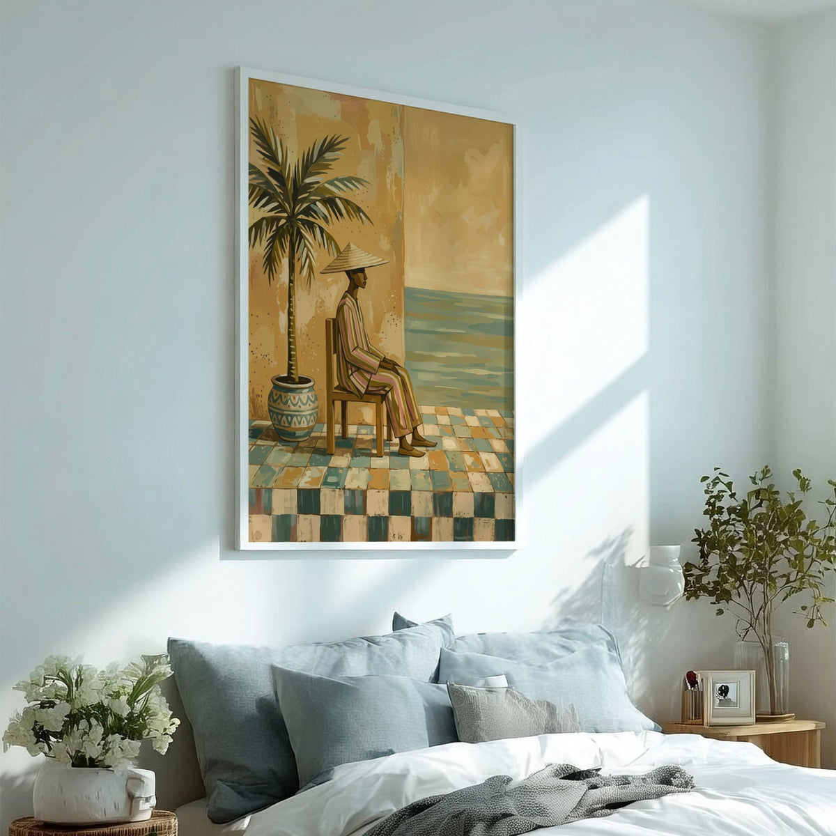 Naive painting of a person in a conical hat sitting by a sea