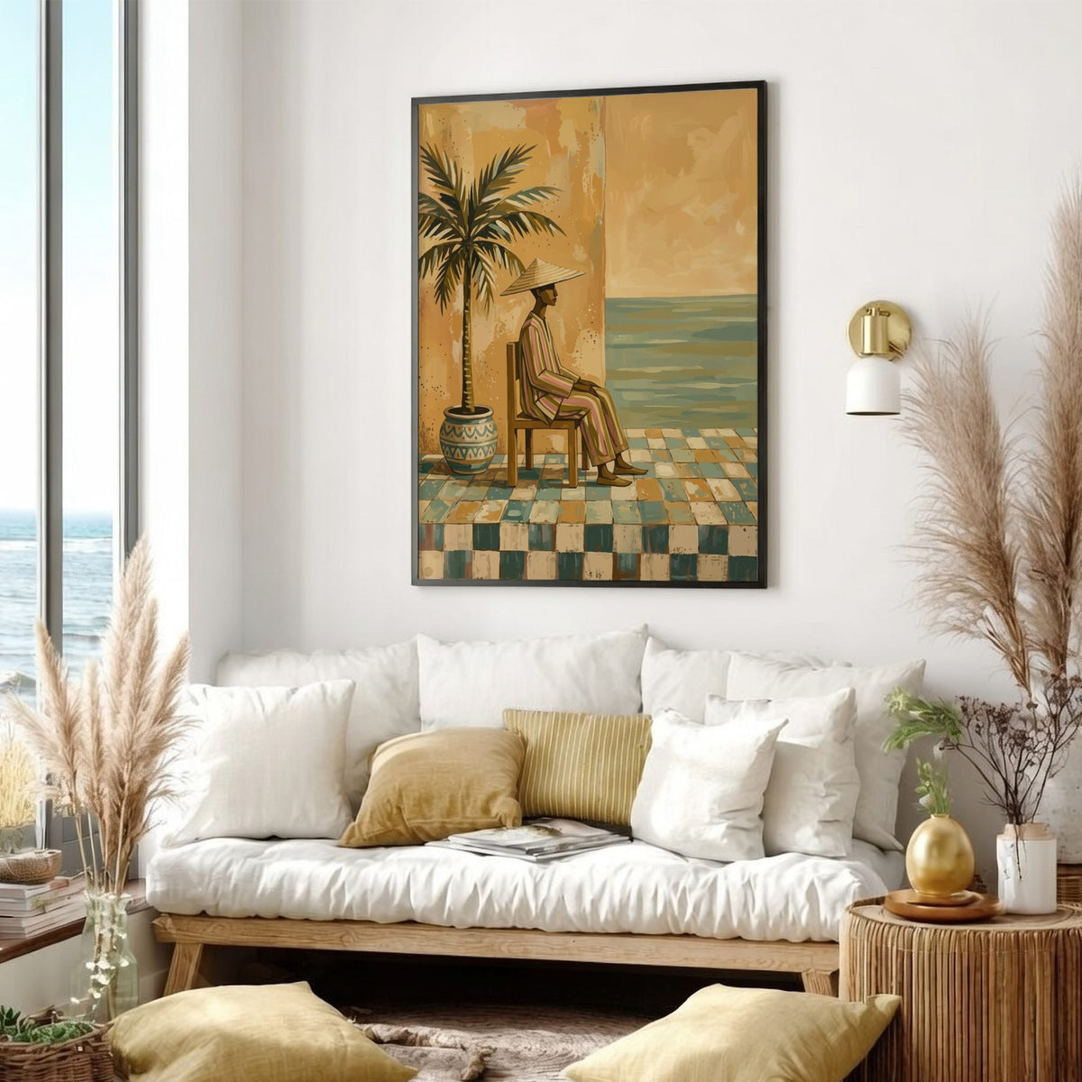 Naive painting of a person in a conical hat sitting by a sea