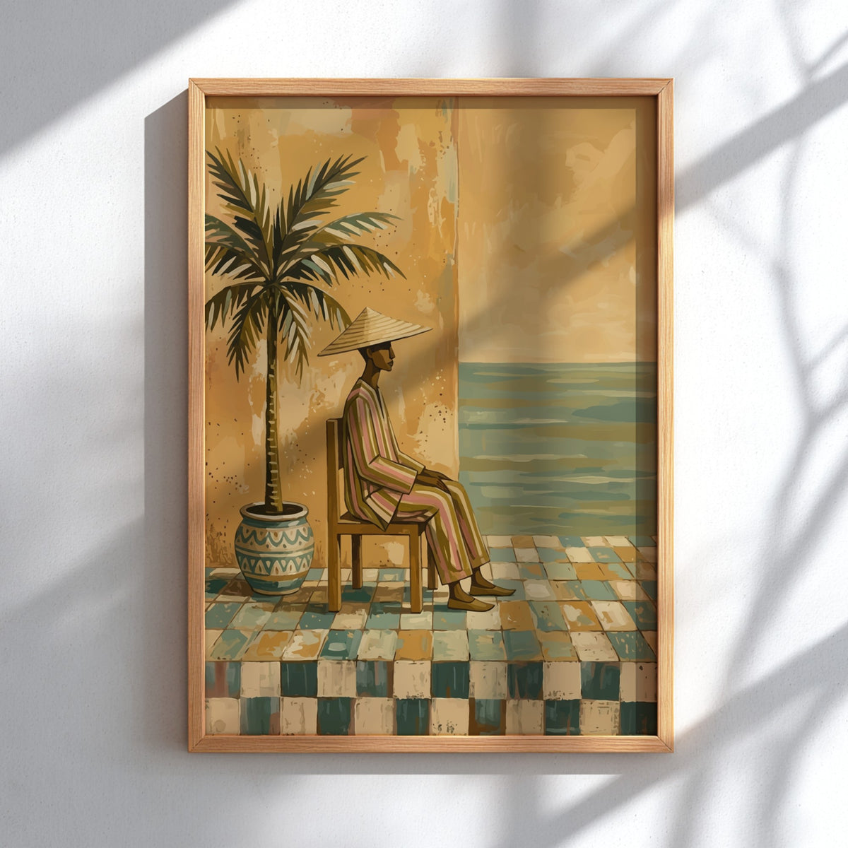 Naive painting of a person in a conical hat sitting by a sea