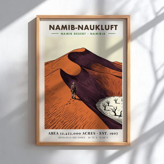 Poster of Namib-Naukluft desert featuring a hiker on red dunes and dry trees.
