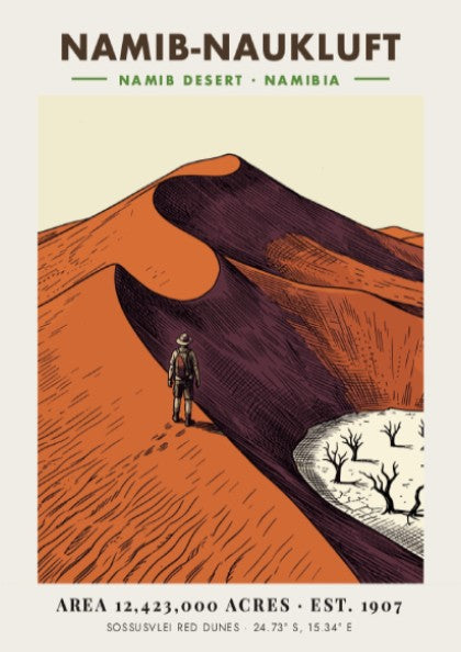 Poster of Namib-Naukluft desert featuring a hiker on red dunes and dry trees.