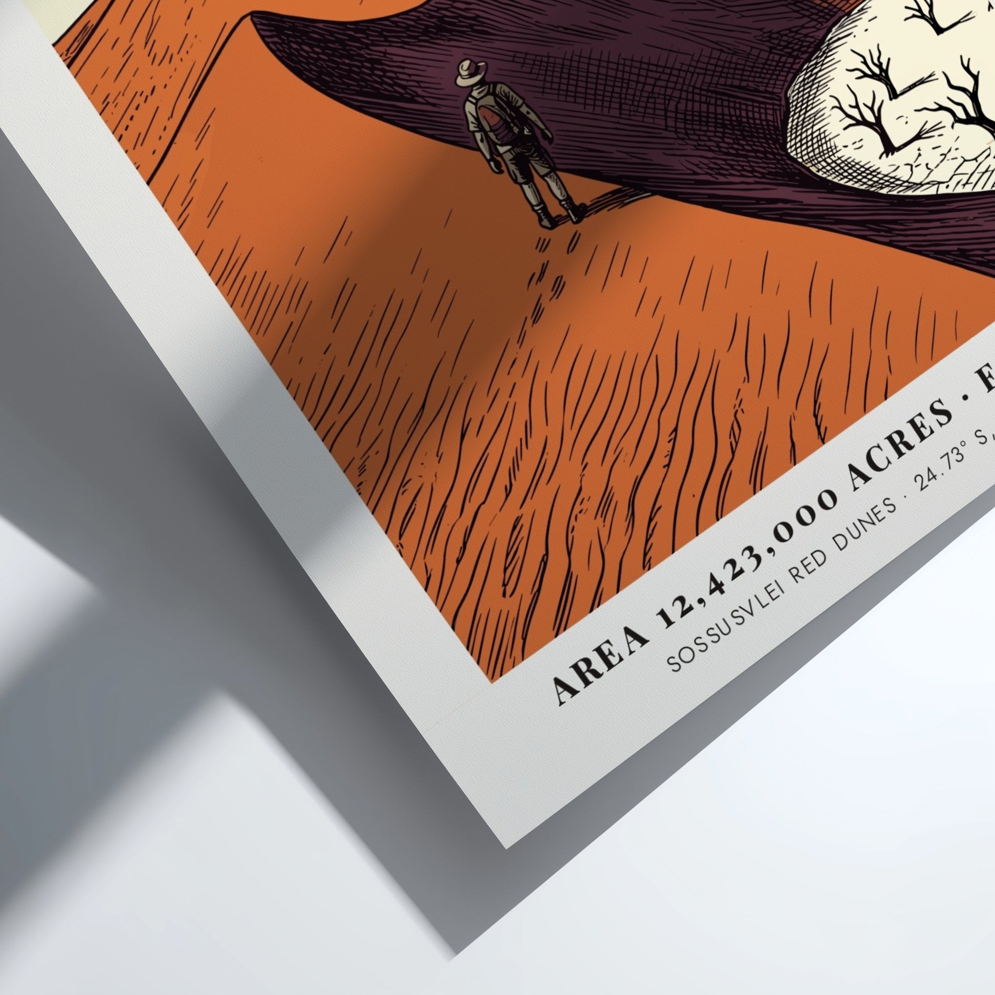 Poster of Namib-Naukluft desert featuring a hiker on red dunes and dry trees.