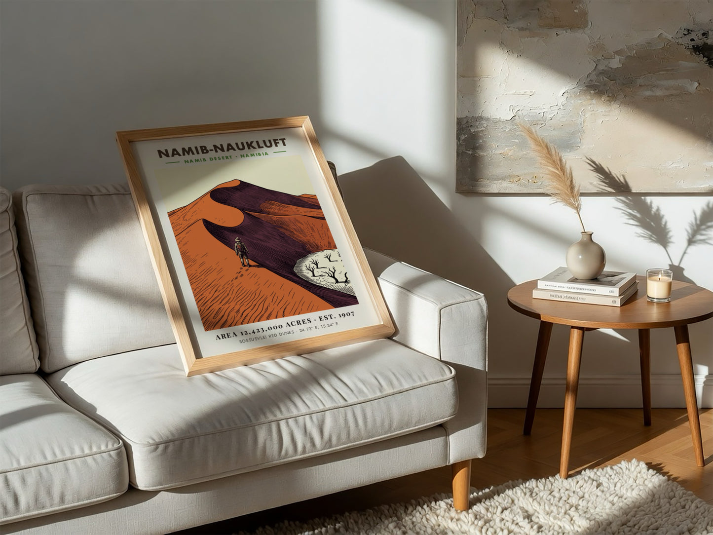 Poster of Namib-Naukluft desert featuring a hiker on red dunes and dry trees.