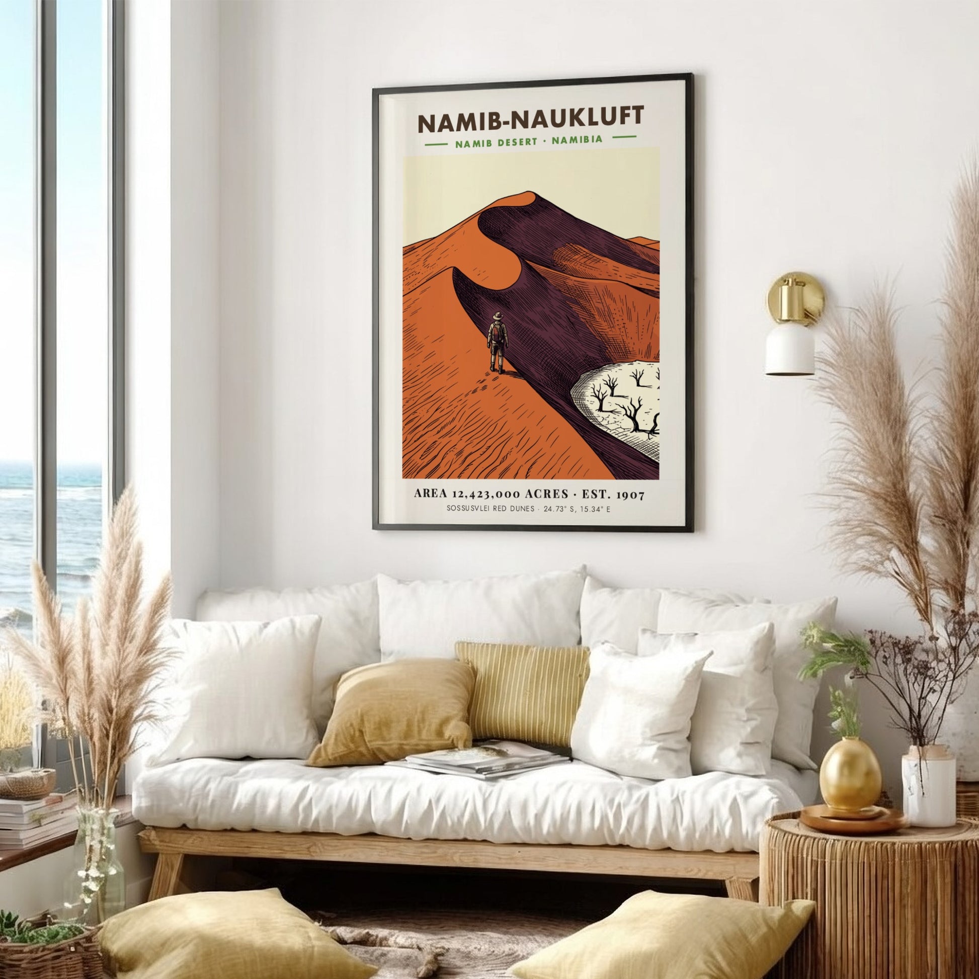 Poster of Namib-Naukluft desert featuring a hiker on red dunes and dry trees.