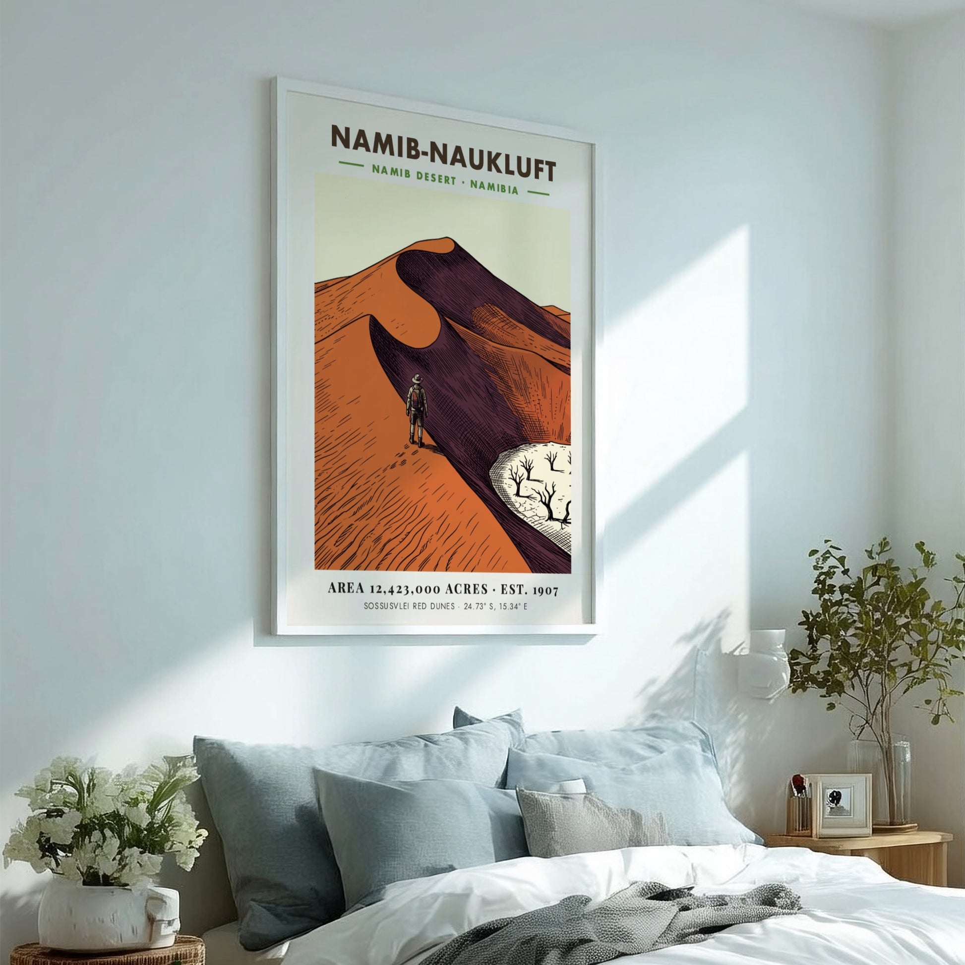 Poster of Namib-Naukluft desert featuring a hiker on red dunes and dry trees.