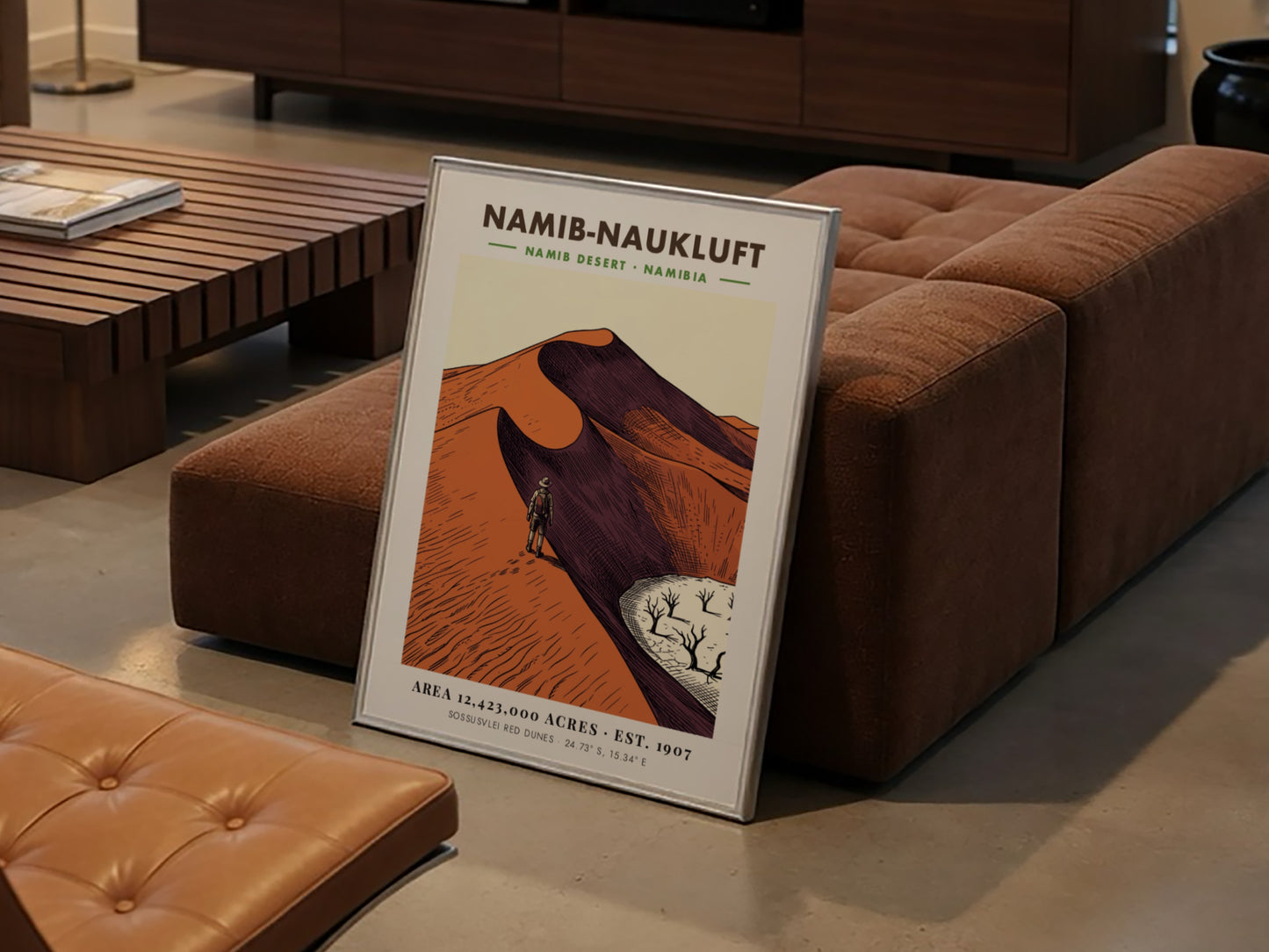 Poster of Namib-Naukluft desert featuring a hiker on red dunes and dry trees.