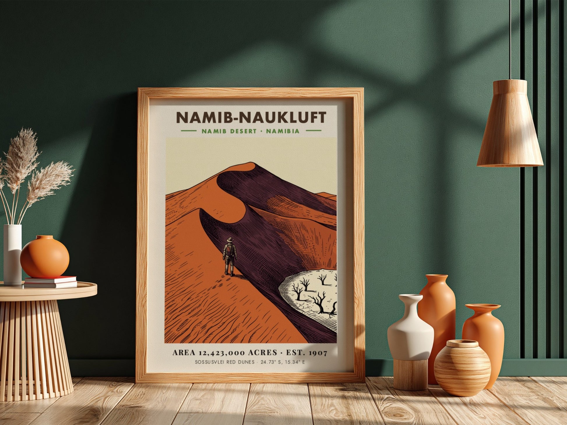 Poster of Namib-Naukluft desert featuring a hiker on red dunes and dry trees.