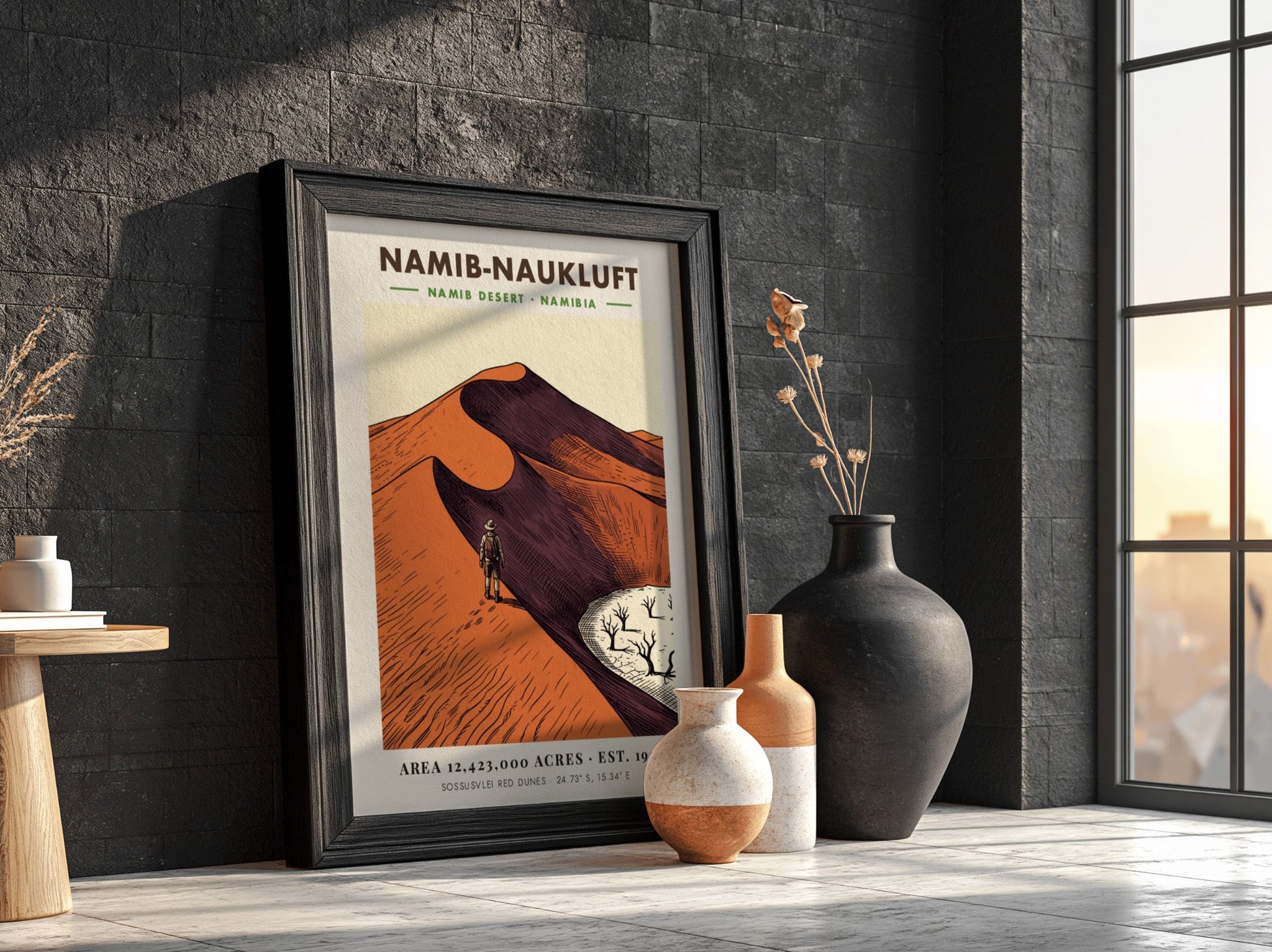 Poster of Namib-Naukluft desert featuring a hiker on red dunes and dry trees.