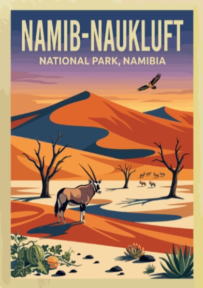 Namib-Naukluft Park poster featuring desert landscape, vibrant colors, oryx, and eagle in a nature-inspired