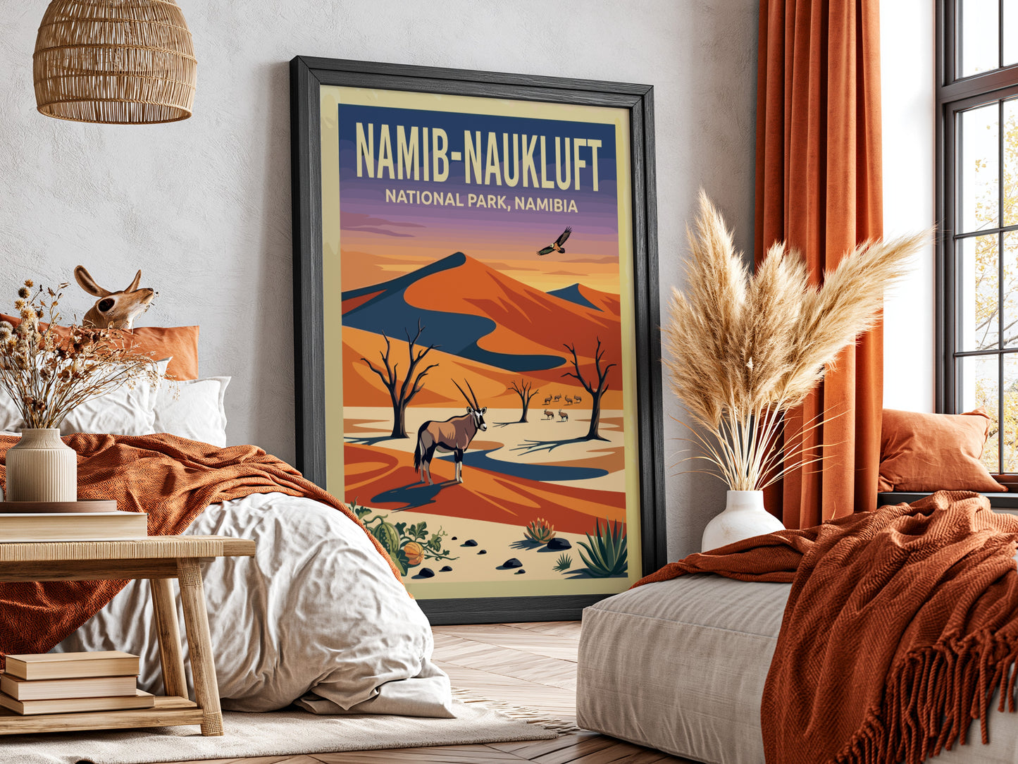 Namib-Naukluft Park poster featuring desert landscape, vibrant colors, oryx, and eagle in a nature-inspired