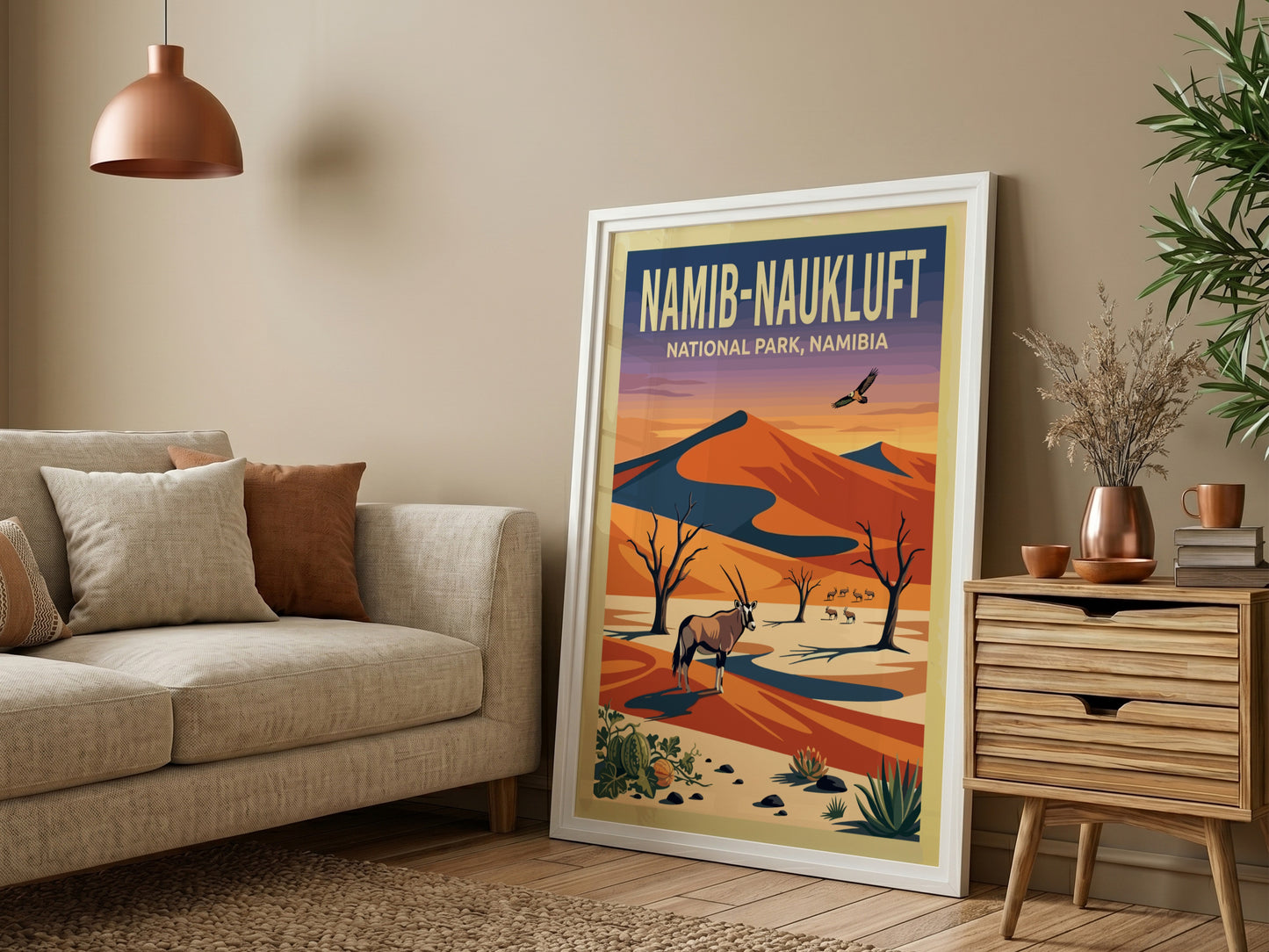 Namib-Naukluft Park poster featuring desert landscape, vibrant colors, oryx, and eagle in a nature-inspired