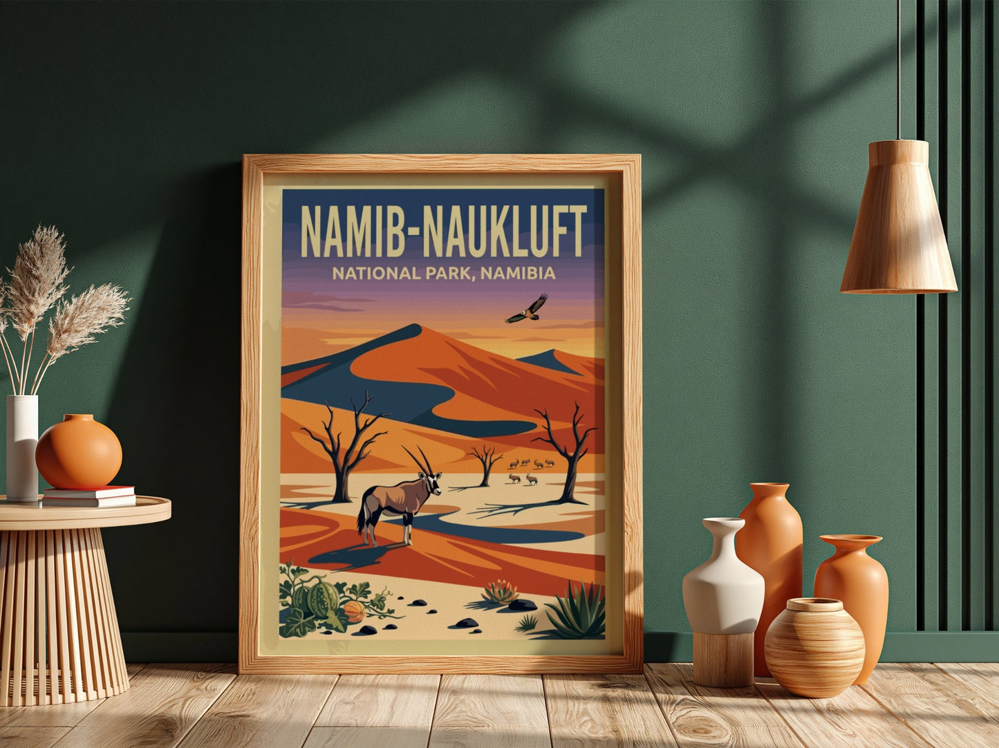 Namib-Naukluft Park poster featuring desert landscape, vibrant colors, oryx, and eagle in a nature-inspired