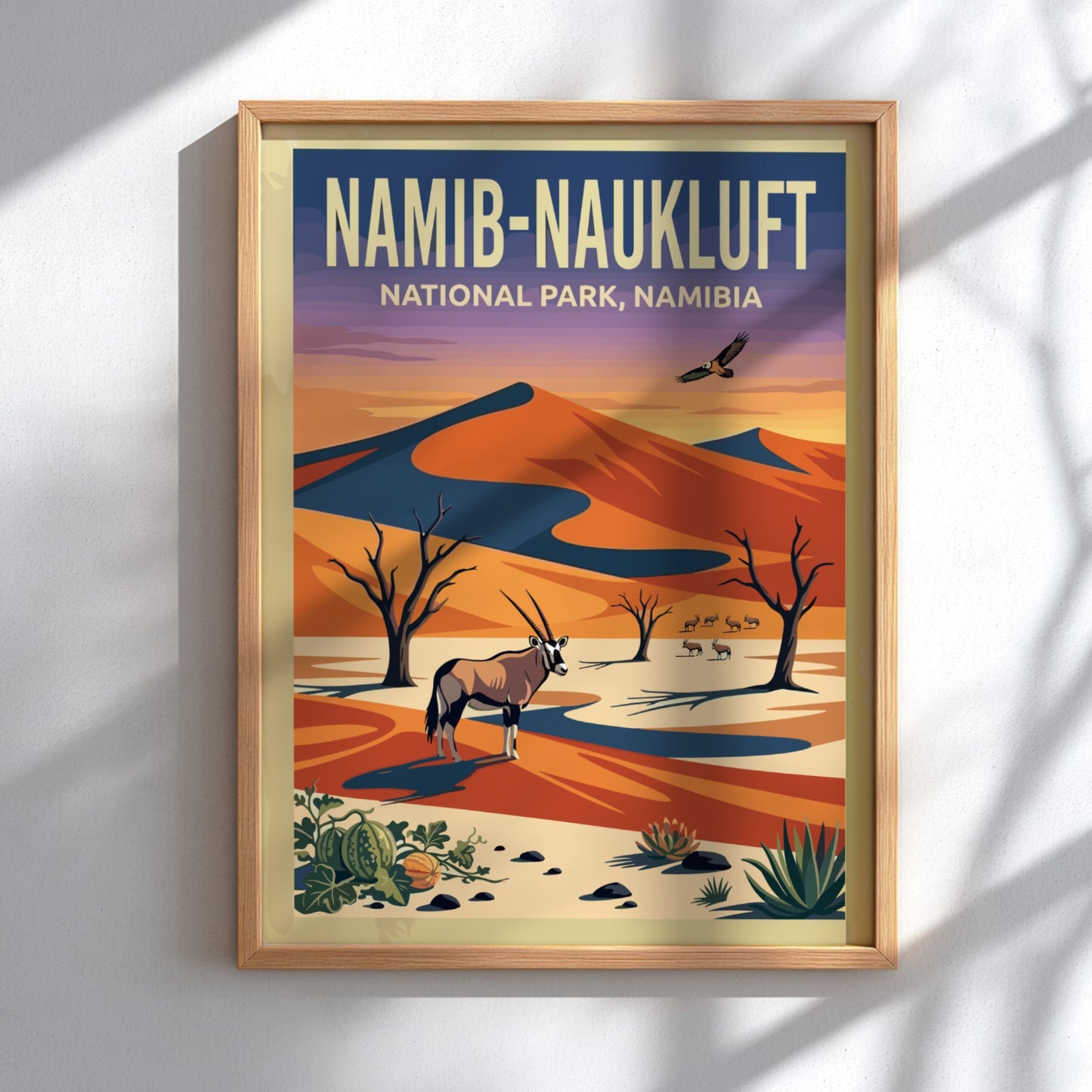 Namib-Naukluft Park poster featuring desert landscape, vibrant colors, oryx, and eagle in a nature-inspired