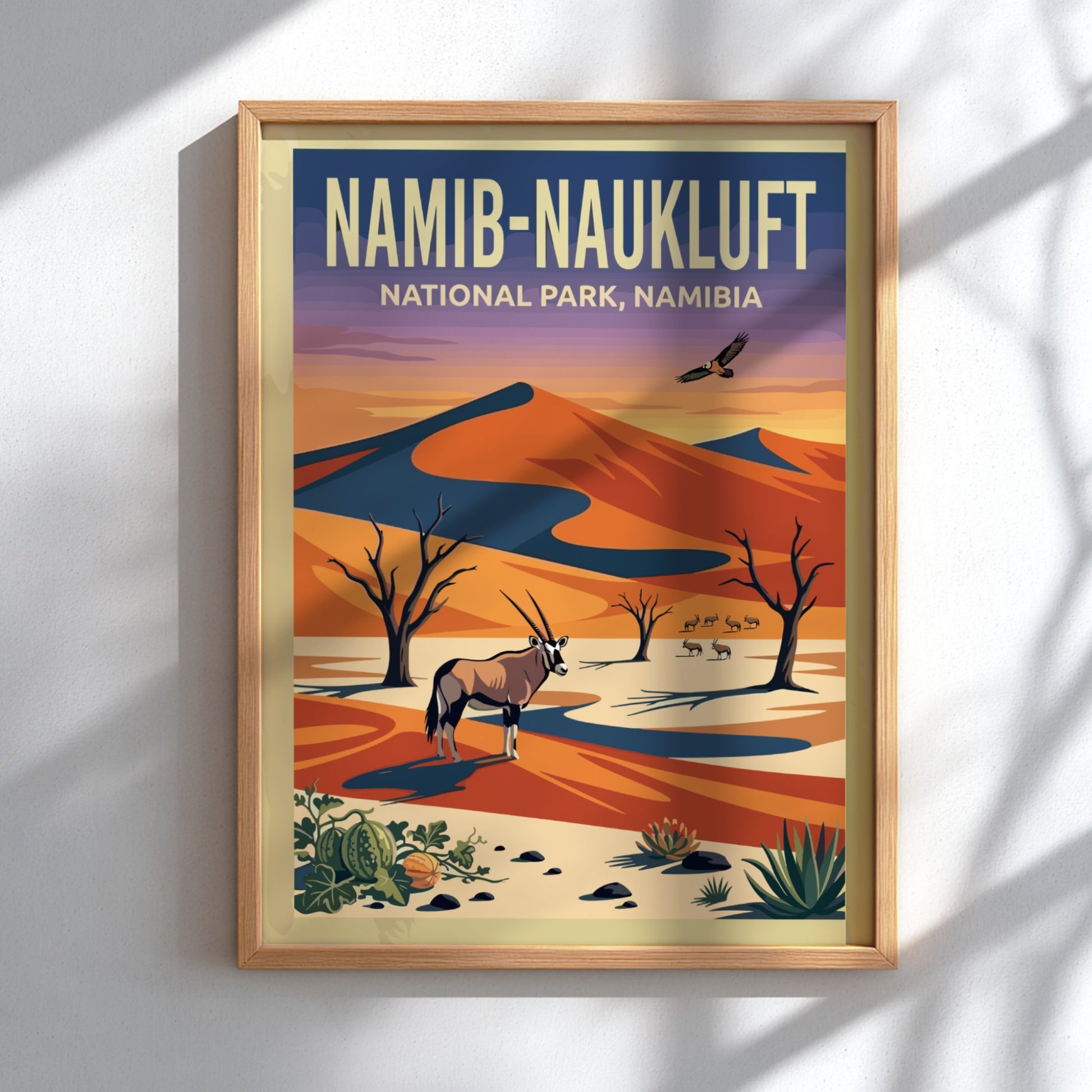Namib-Naukluft Park poster featuring desert landscape, vibrant colors, oryx, and eagle in a nature-inspired
