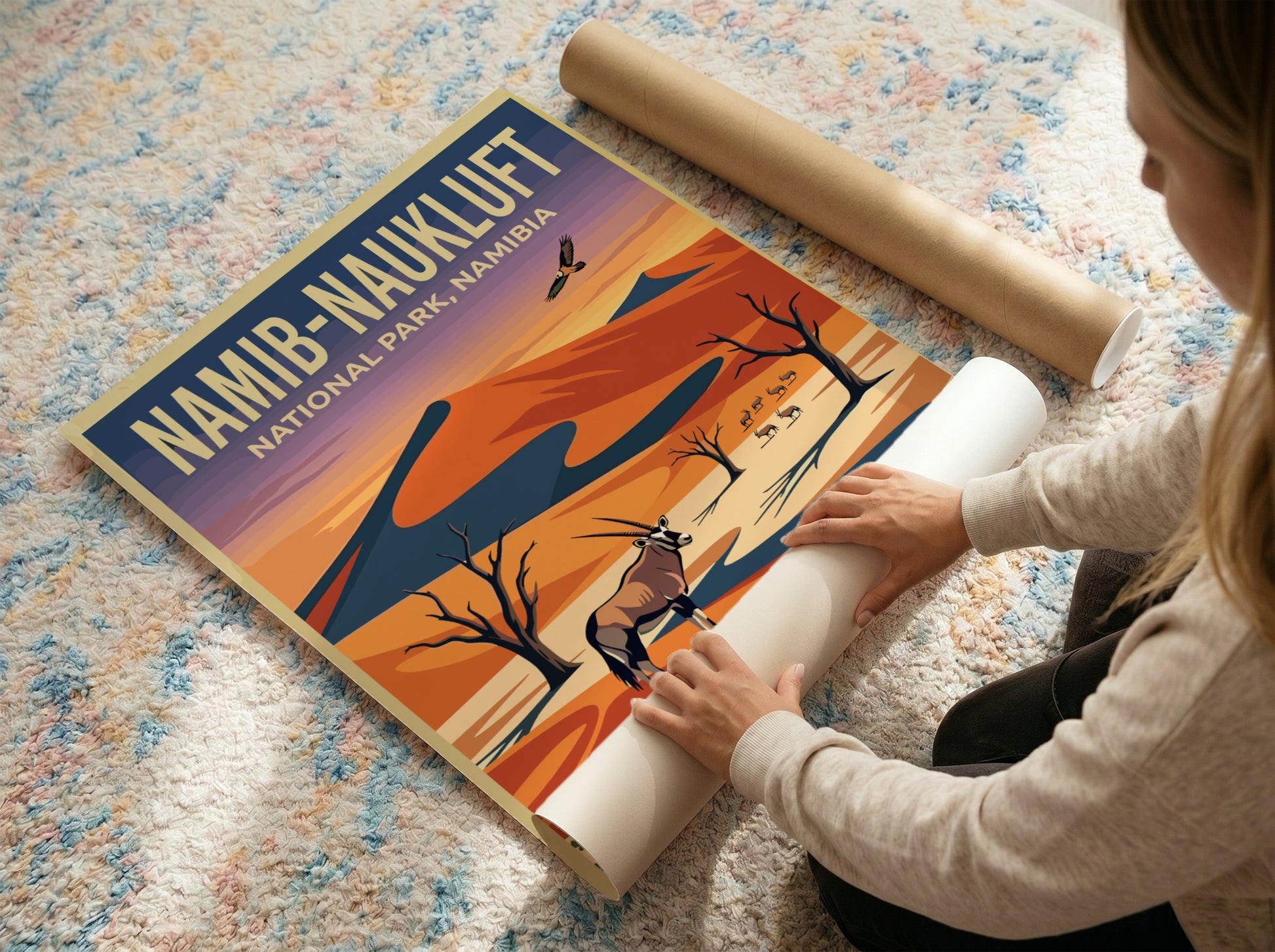 Namib-Naukluft Park poster featuring desert landscape, vibrant colors, oryx, and eagle in a nature-inspired