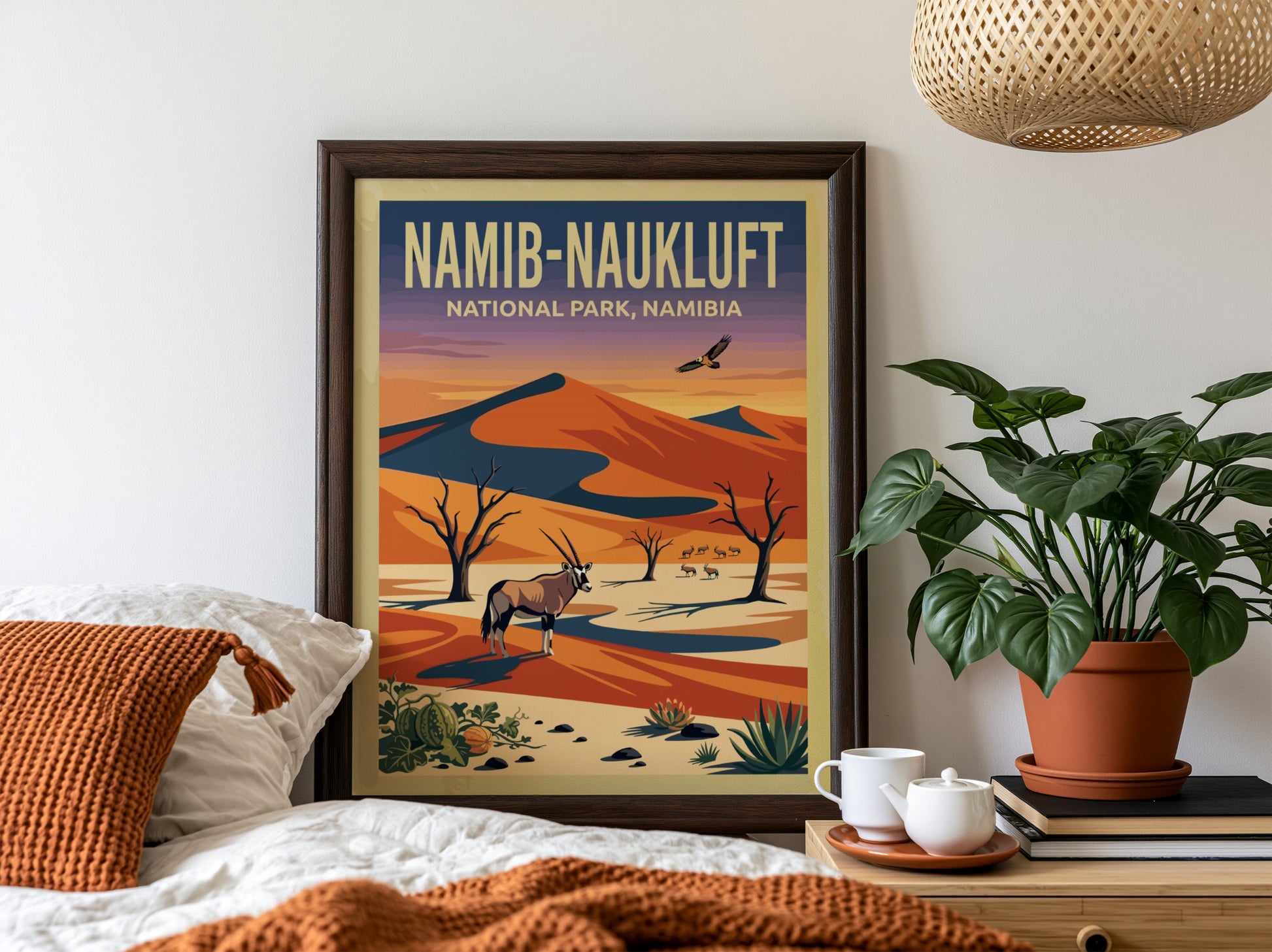 Namib-Naukluft Park poster featuring desert landscape, vibrant colors, oryx, and eagle in a nature-inspired