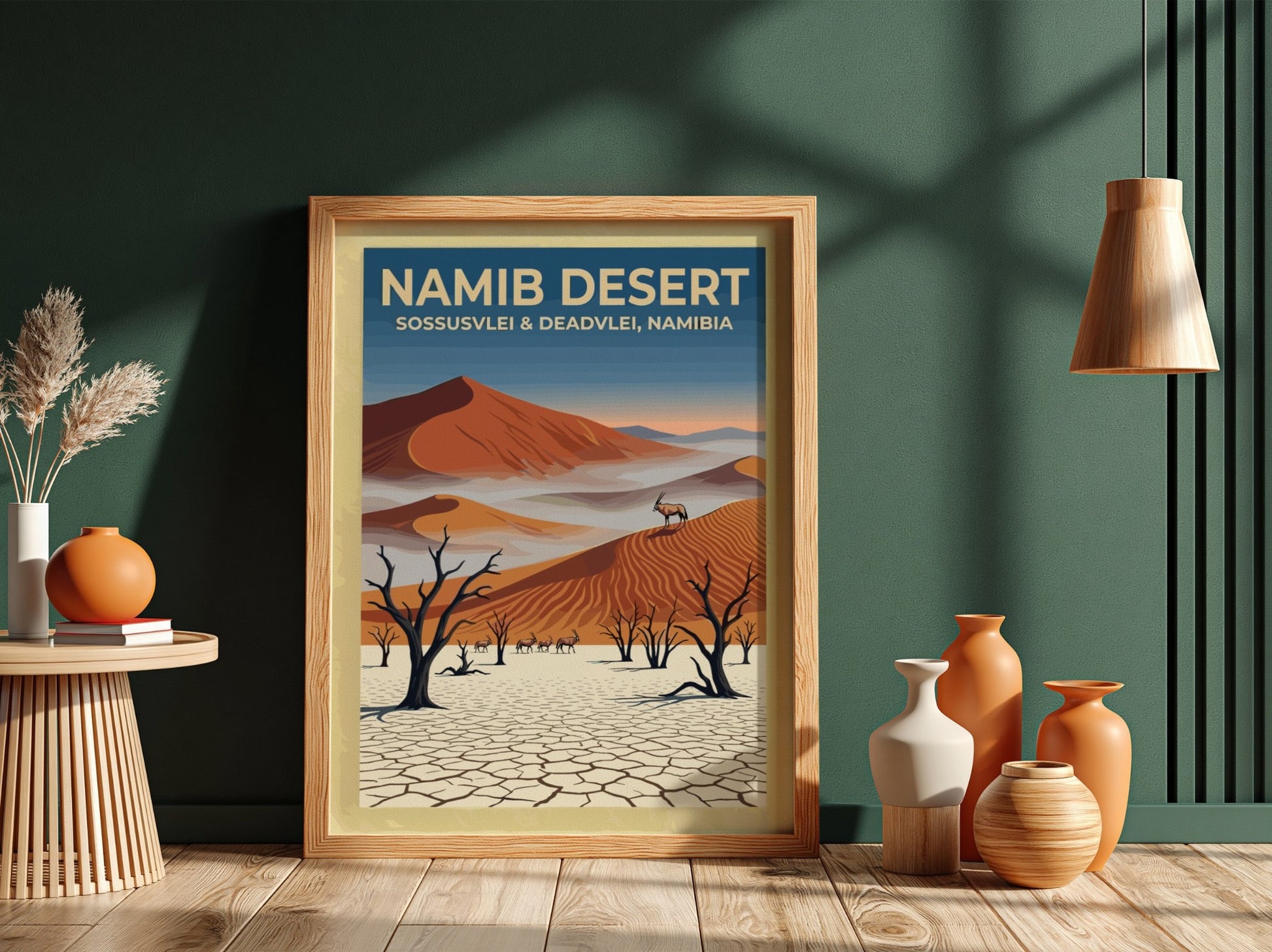 Travel poster featuring Namib Desert sand dunes, dead trees, and oryx in Namibia.