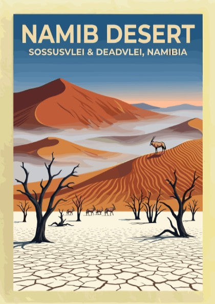 Travel poster featuring Namib Desert sand dunes, dead trees, and oryx in Namibia.