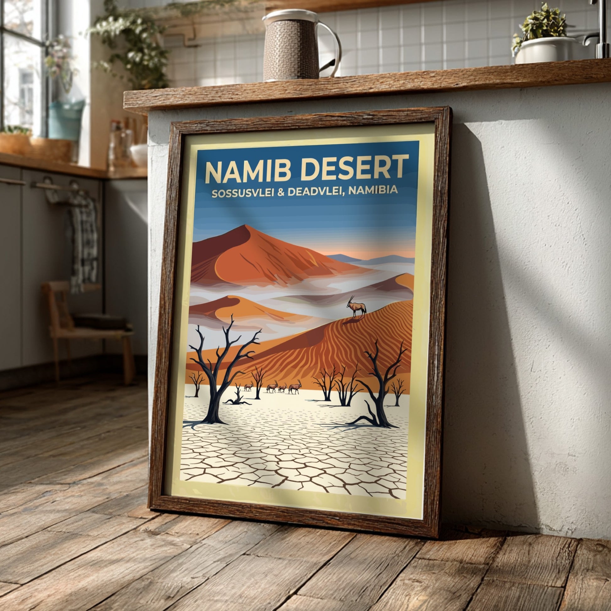 Travel poster featuring Namib Desert sand dunes, dead trees, and oryx in Namibia.