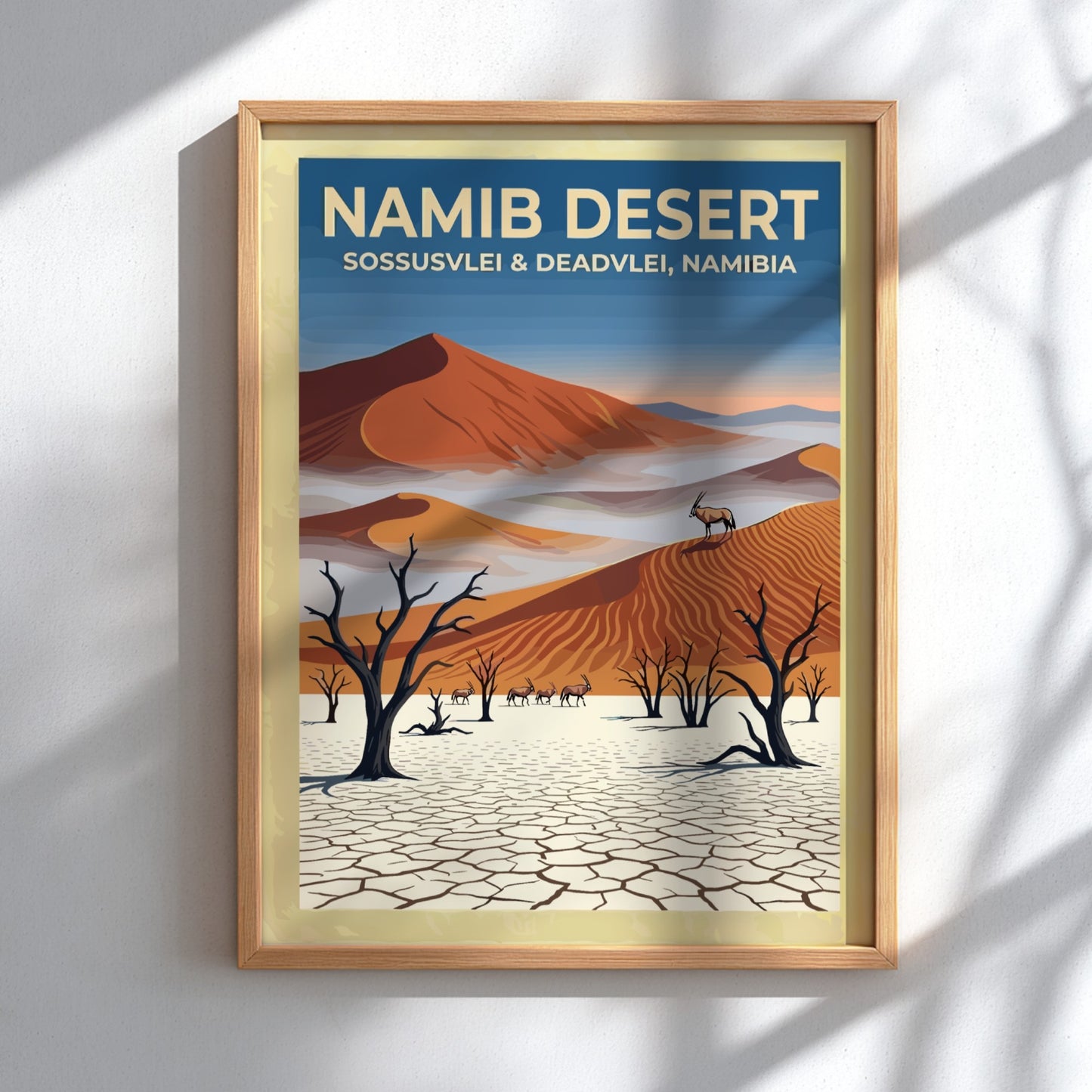 Travel poster featuring Namib Desert sand dunes, dead trees, and oryx in Namibia.