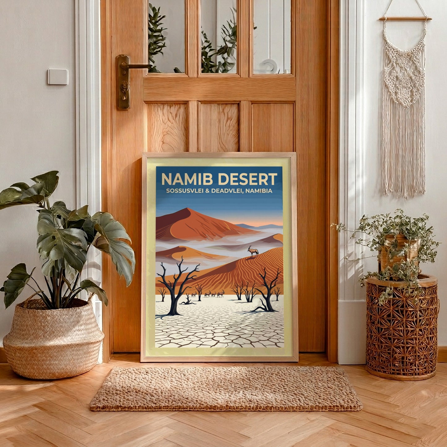 Travel poster featuring Namib Desert sand dunes, dead trees, and oryx in Namibia.