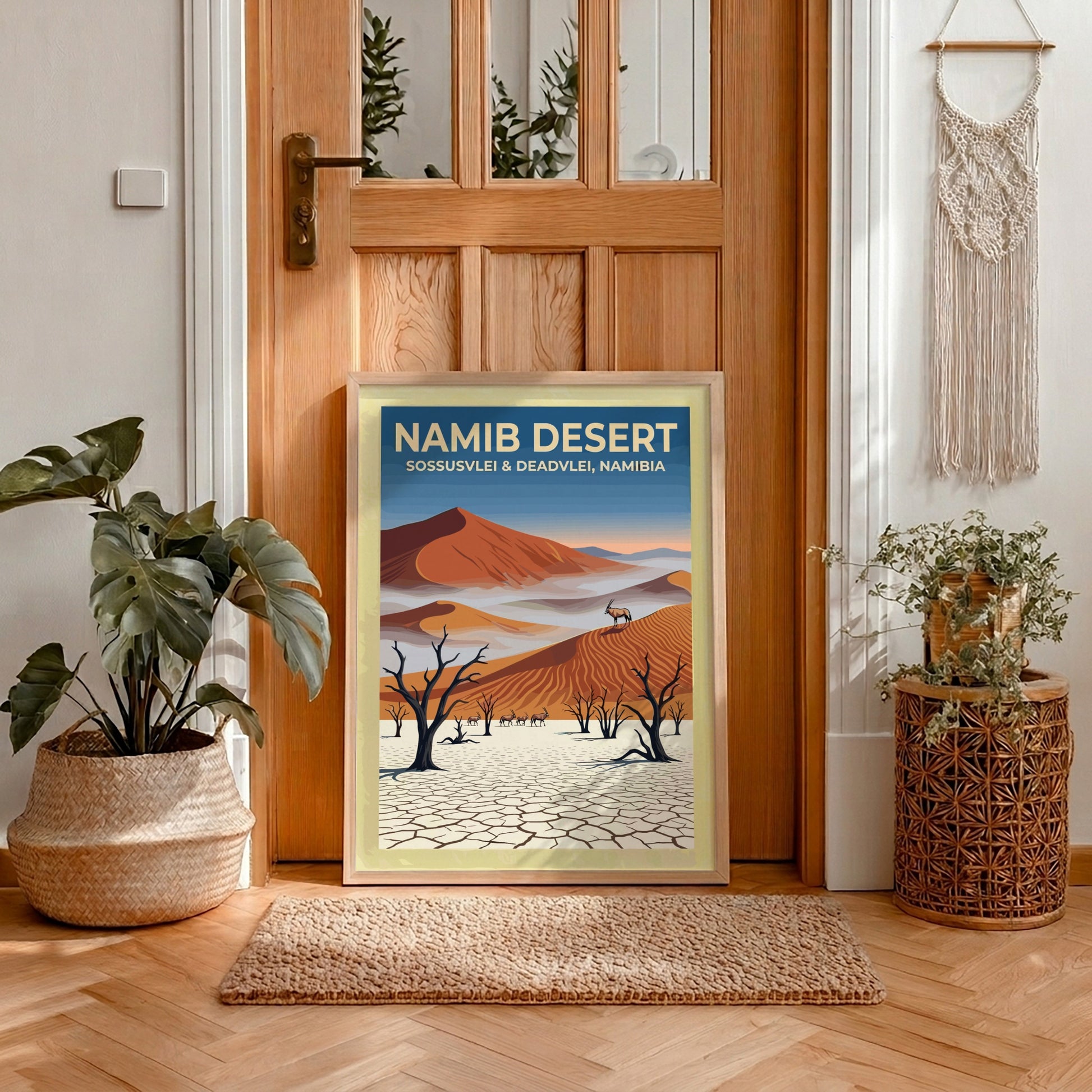 Travel poster featuring Namib Desert sand dunes, dead trees, and oryx in Namibia.