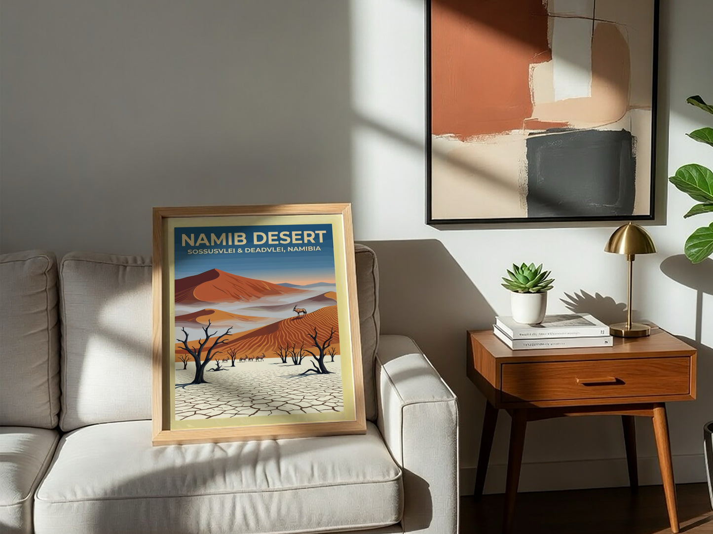 Travel poster featuring Namib Desert sand dunes, dead trees, and oryx in Namibia.