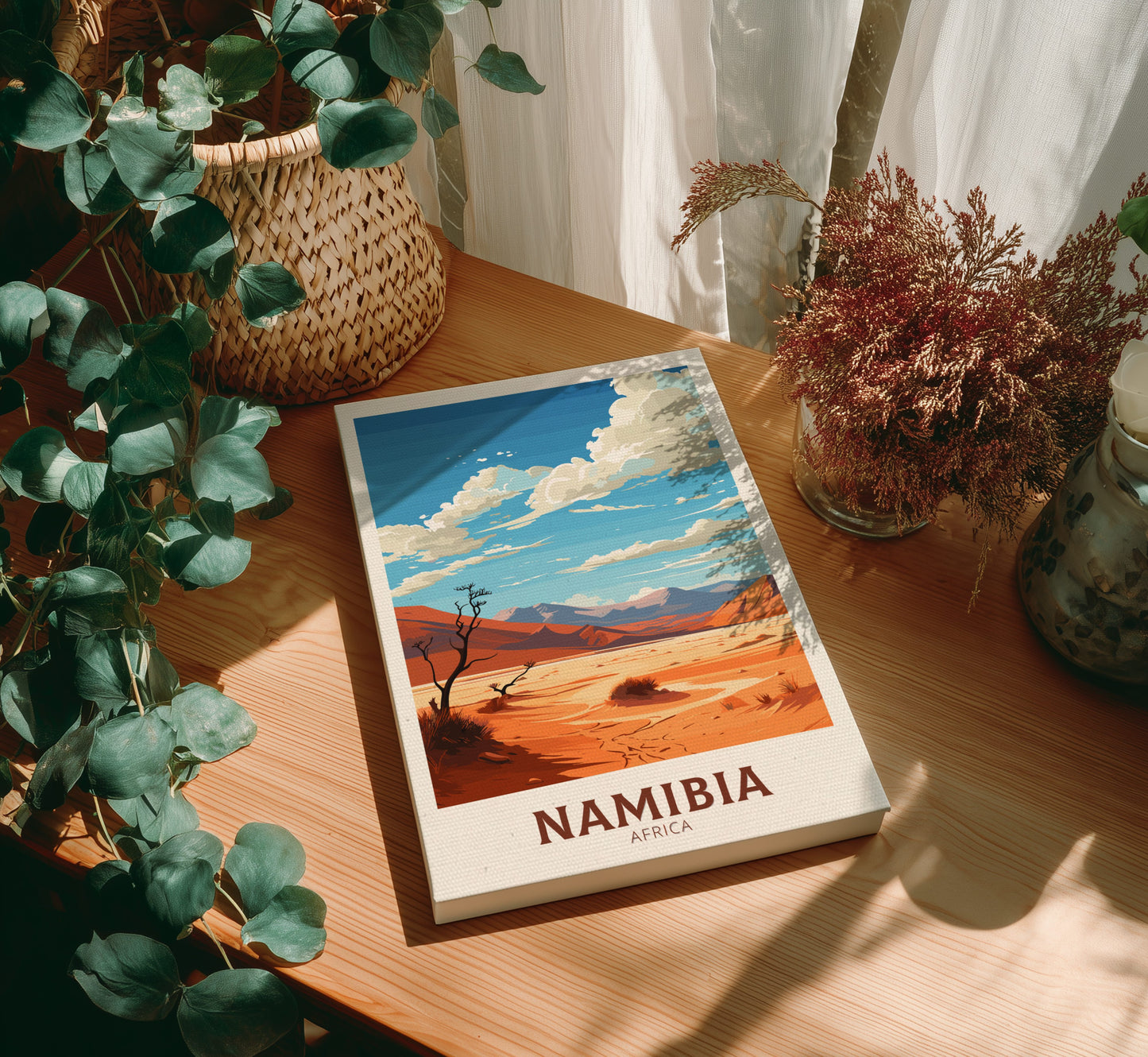 Canvas 'Namibia' on a wooden surface with plants around