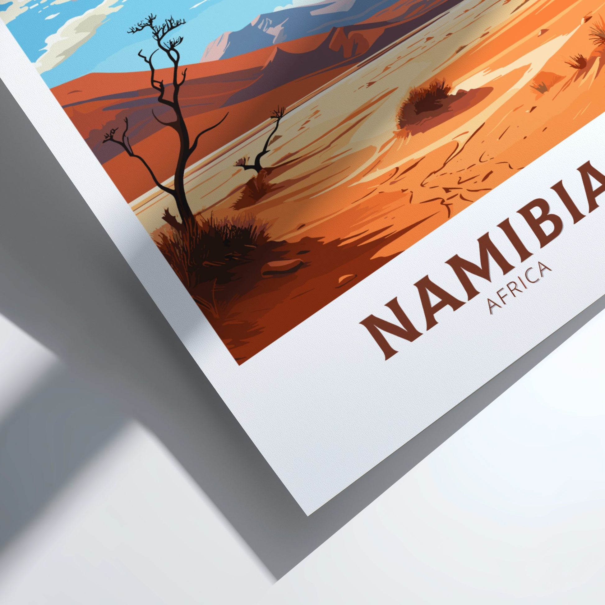 Poster of a desert landscape with 'Namibia Africa' text on a white background