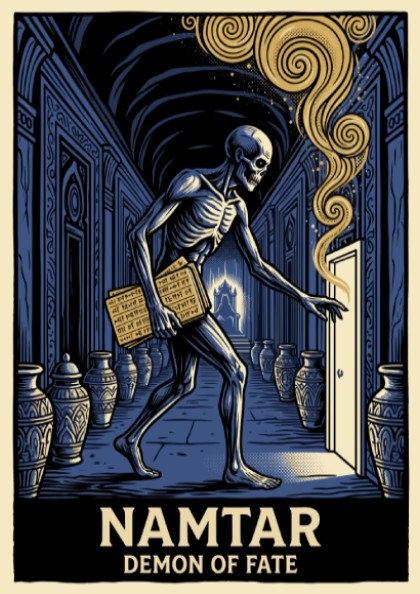 Poster of Namtar the Demon of Fate walking through a blue stone corridor