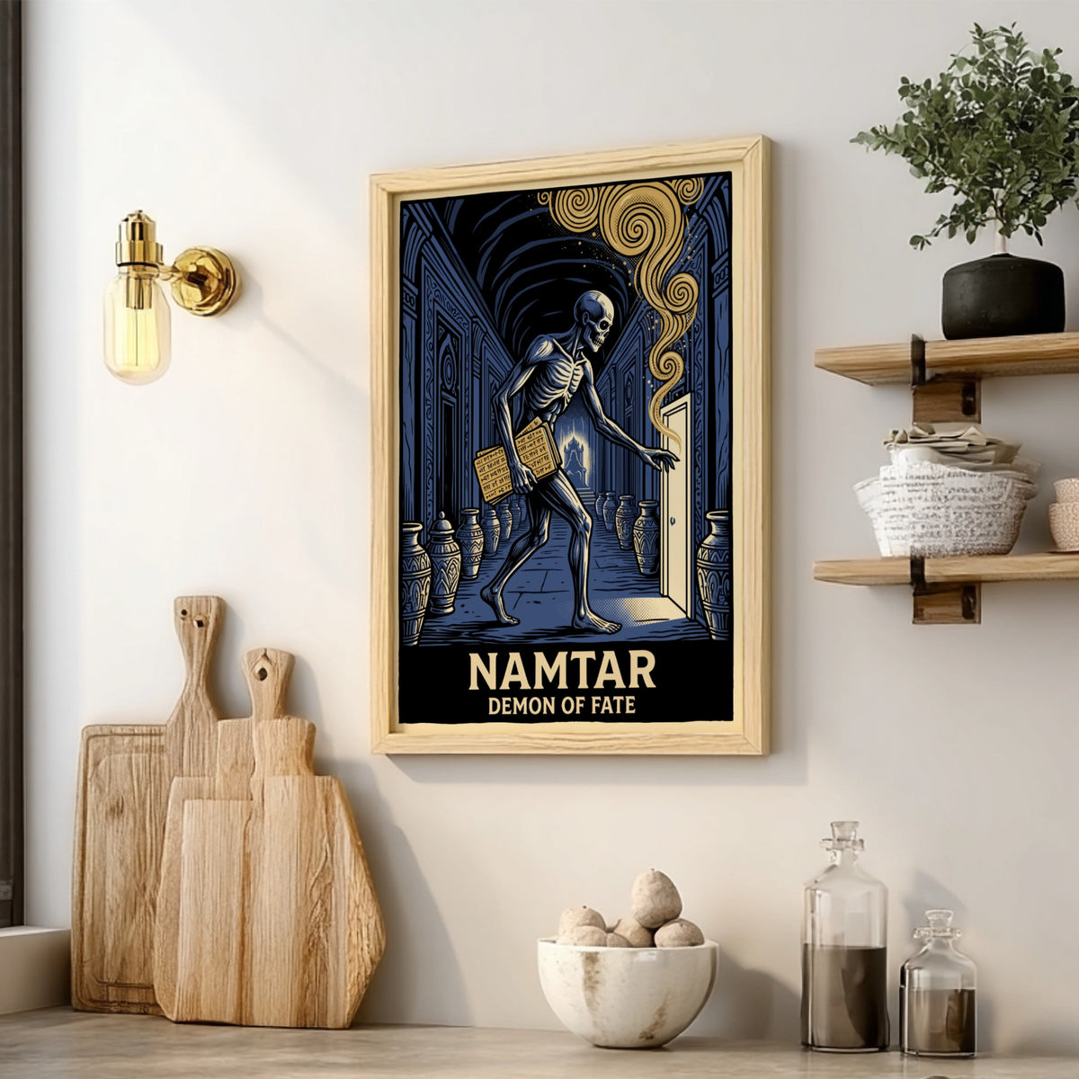 Poster of Namtar the Demon of Fate walking through a blue stone corridor