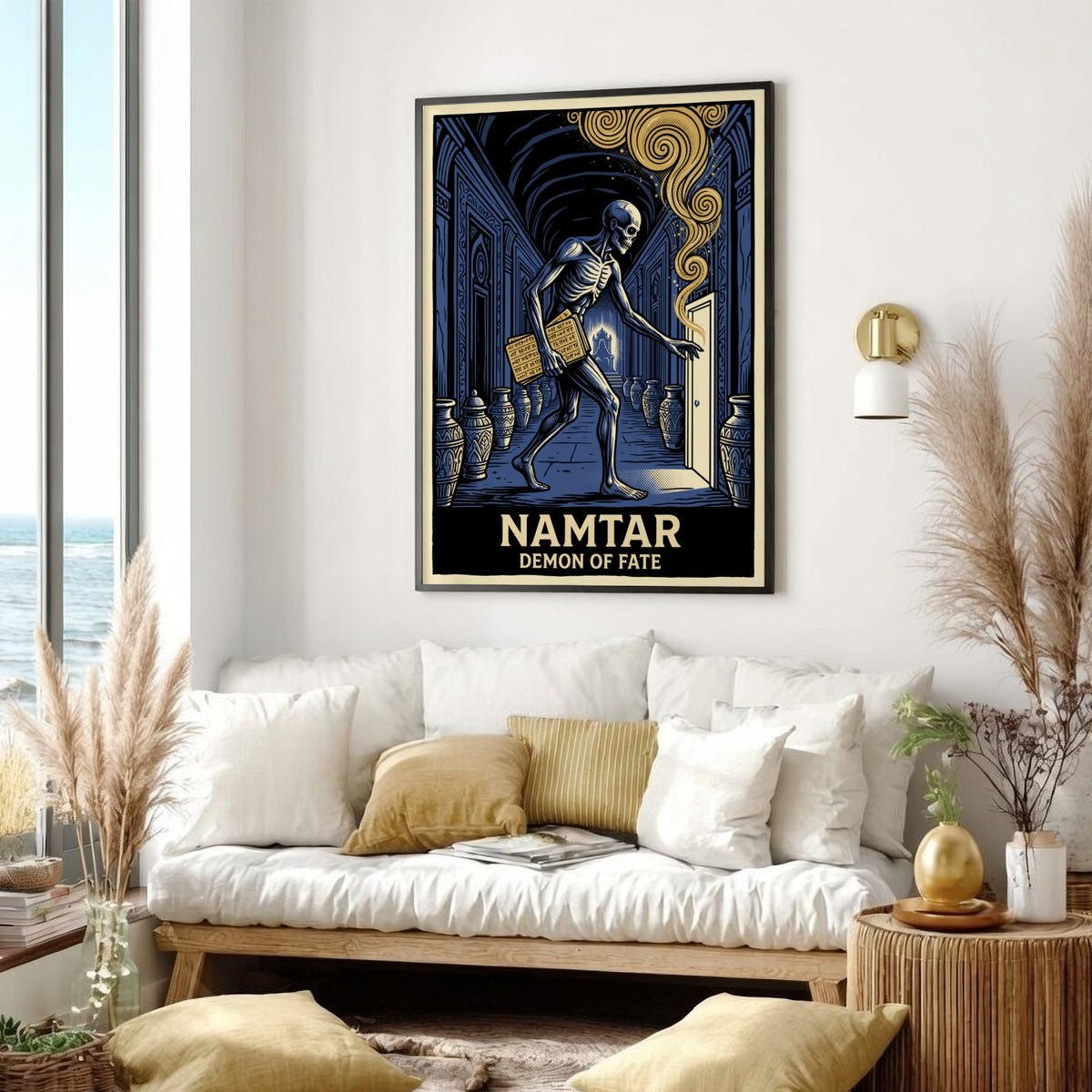 Poster of Namtar the Demon of Fate walking through a blue stone corridor