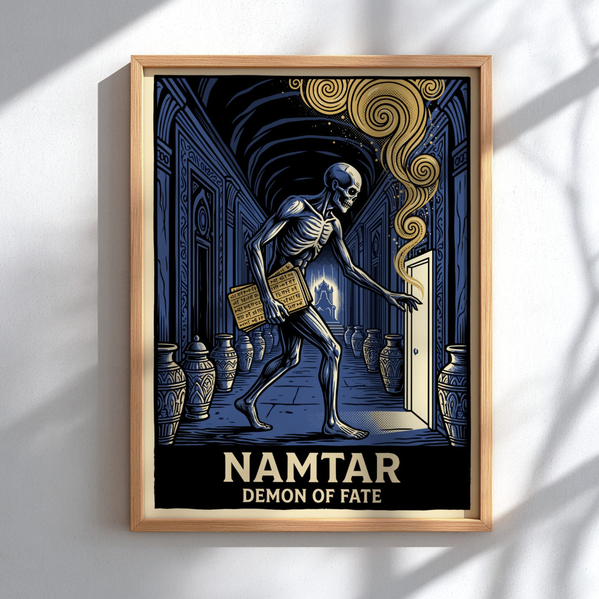 Poster of Namtar the Demon of Fate walking through a blue stone corridor