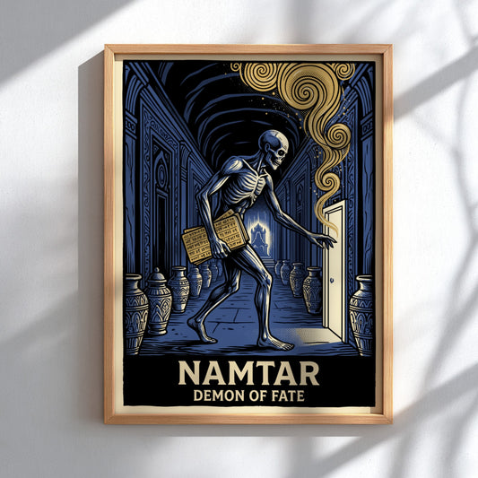 Poster of Namtar the Demon of Fate walking through a blue stone corridor