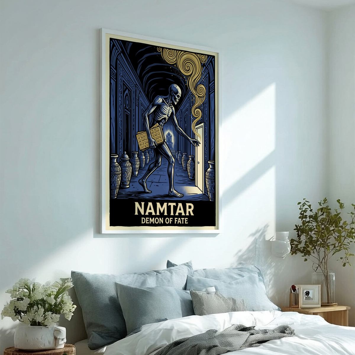 Poster of Namtar the Demon of Fate walking through a blue stone corridor
