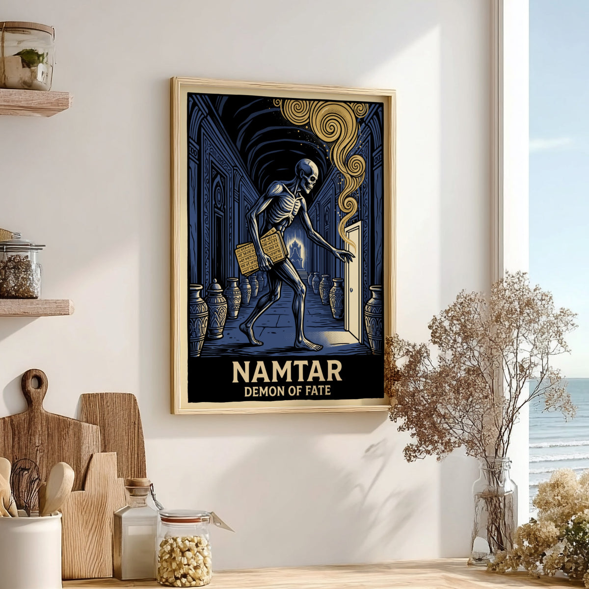 Poster of Namtar the Demon of Fate walking through a blue stone corridor
