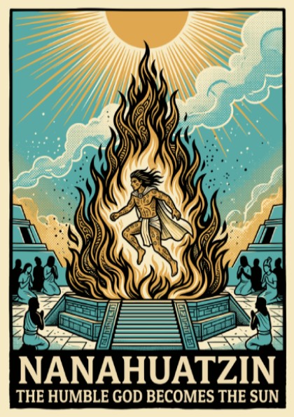 Nanahuatzin poster featuring an Aztec god rising from flames towards a bright sun