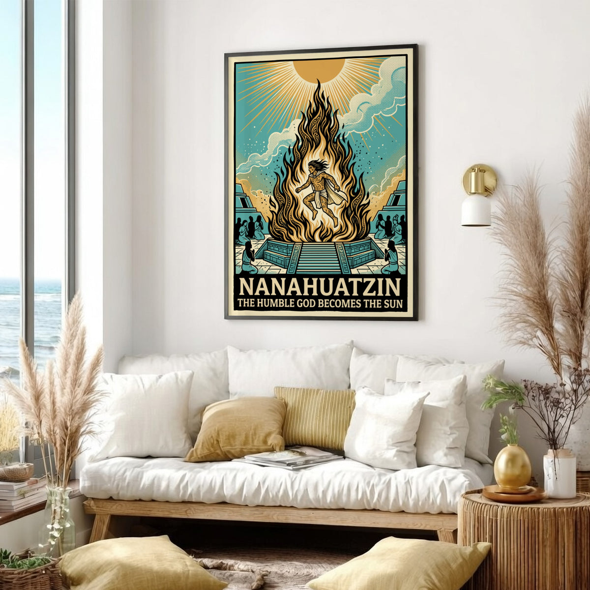 Nanahuatzin poster featuring an Aztec god rising from flames towards a bright sun